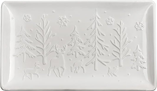 AuldHome Design Reindeer Christmas Tree Platter; Ceramic Embossed White Serving Tray