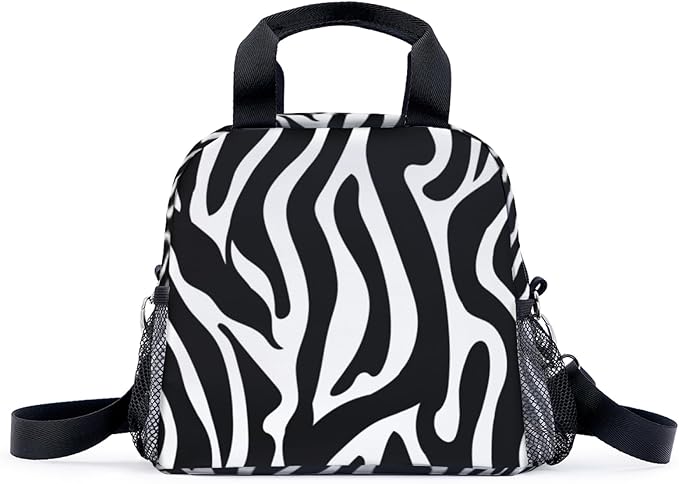 Zebra Black and White Stripes Lunch Bag for Women Men Cute Large Capacity Thermal Lunch Tote Reusable Washable with Adjustable Shoulder Strap and Dual Large Mesh Side Pockets