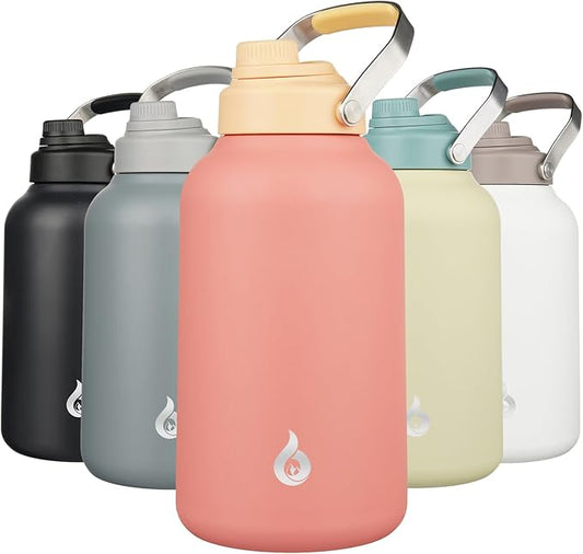 BJPKPK 1 Gallon Water Bottle Insulated, Dishwasher Safe 128oz Large Water Jug with Metal Handle & BPA Free Spout Lid, Stainless Steel Metal Thermo for Gym, Sports & Hiking, Pink
