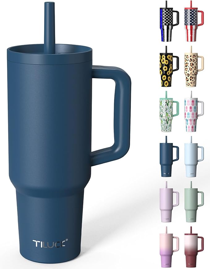 TILUCK 40 oz Tumbler with Handle, Vacuum Insulated Stainless Steel Travel Mug with 100% Leak-Proof Silicone Straw Lid, Cupholder Friendly Water Bottle(DarkBlue, 40oz)