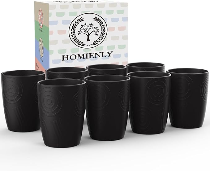 Homienly Drinking Cup Water Tumbler Wheat Straw Cup Set of 8 | Plastic Cups Reusable 16 OZ Drinking Glasses | Unbreakable Stackable Water Tumblers Dishwasher Safe Cup Set for Kitchen - Black