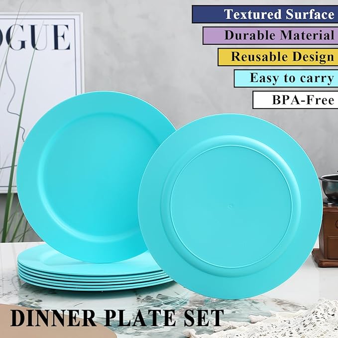 Berglander Plastic Plates Set of 8 Pieces 10", TF Blue Reusable and Flat Dinner Plates, Salad Plates, Pasta Bowls, Dishes Set Easy to Carry for Home, Garden, Picnic, Camping, Outdoor