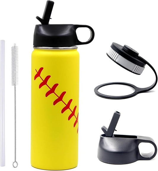 18 oz Softball Water Bottle, Metal Thermo Travel Tumbler Sports Flask with 2 Lids, Stainless Steel Double Wall Vacuum Insulated Leak Proof Water Bottles, Softball Stuff Gifts for Mom Men Boys Girls