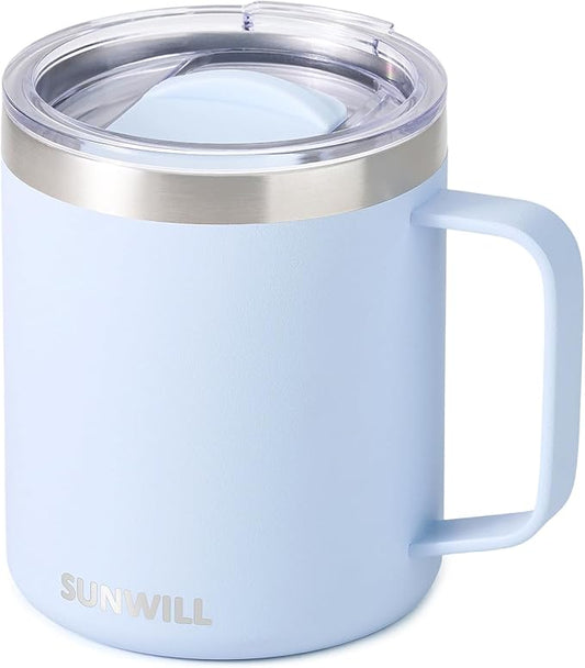SUNWILL Insulated Coffee Mug with Lid, Travel Tumbler with Handle, 14 oz Stainless Steel Cup for Camping, Office, Home, Powder Coated Iceberg
