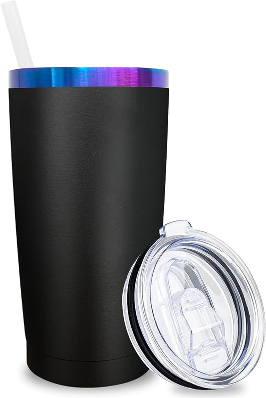 20 oz Tumbler Stainless Steel Tumbler with Lid and Straw, Double Wall Vacuum Insulated Travel Coffee Mug for Laser Engrave, Powder Coated Cup for Hot and Cold Drinks (Black,1 pack)