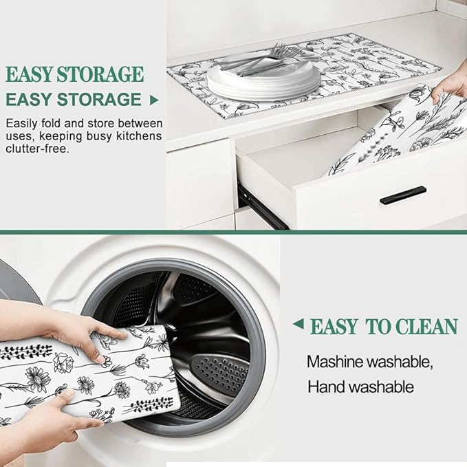 Black and White Floal Kitchen Dish Drying Mat for Counter, Aesthetics Dish Draining Mat Microfiber Absorbent Reusable Washable Extra Large 18"x24" (black and white floral, 18"x24")