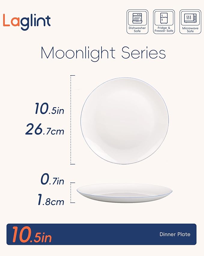 10.5 inch Dinner Plate Set of 6, Lightweight Round Opal Glass Dinnerware Plates, Dishwasher and Microwave Safe, Hand Painted Navy Blue Rim