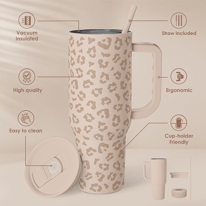 Leopard Tumbler with Handle, Insulated Cup Stainless Steel Travel Mug Cup, Gifts for Women Girl on Birthday Christmas, Tan Leopard, 40oz