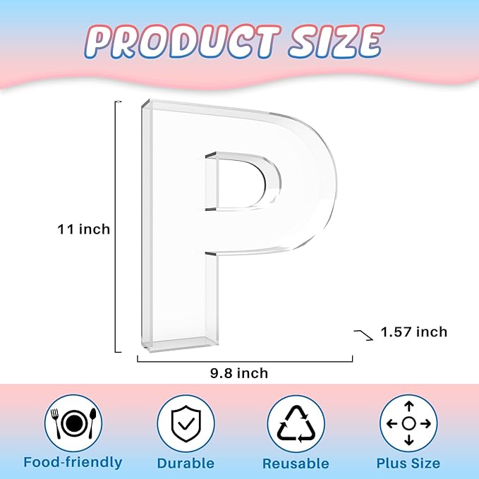 11" Acrylic Letter Charcuterie Box, Reusable Fillable Alphabet Number Shaped Form Tray for Birthday Anniversaries, Party Decorative Serving Plates Display Candy Cake (P)