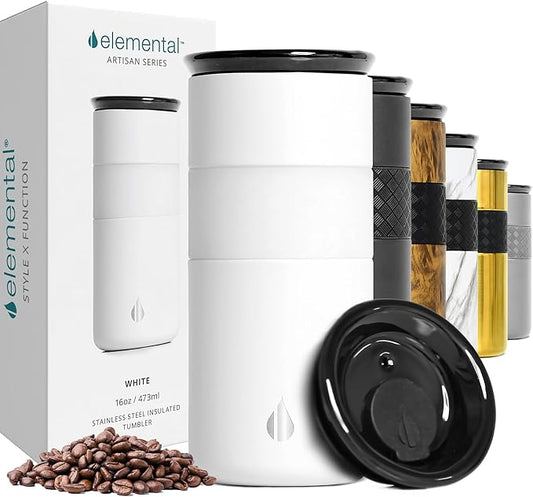 Elemental Artisan Insulated Tumbler, Triple Wall Coffee Travel Tumbler, Reusable Stainless Steel with Ceramic Lid, Thermal Coffee Cups for Hot (6 Hrs) & Cold (18 Hrs) 16oz - Matte White