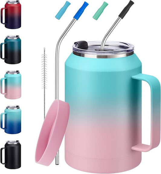 32oz Coffee Tumbler with Handle and Straw - Drink Lid & Protective Cup Mat, Stainless Steel Double Wall Insulated Tumblers, 32 oz Water Bottle Keep Cold 36 Hot 24 Hrs, Home Office Work Extra Large Mug
