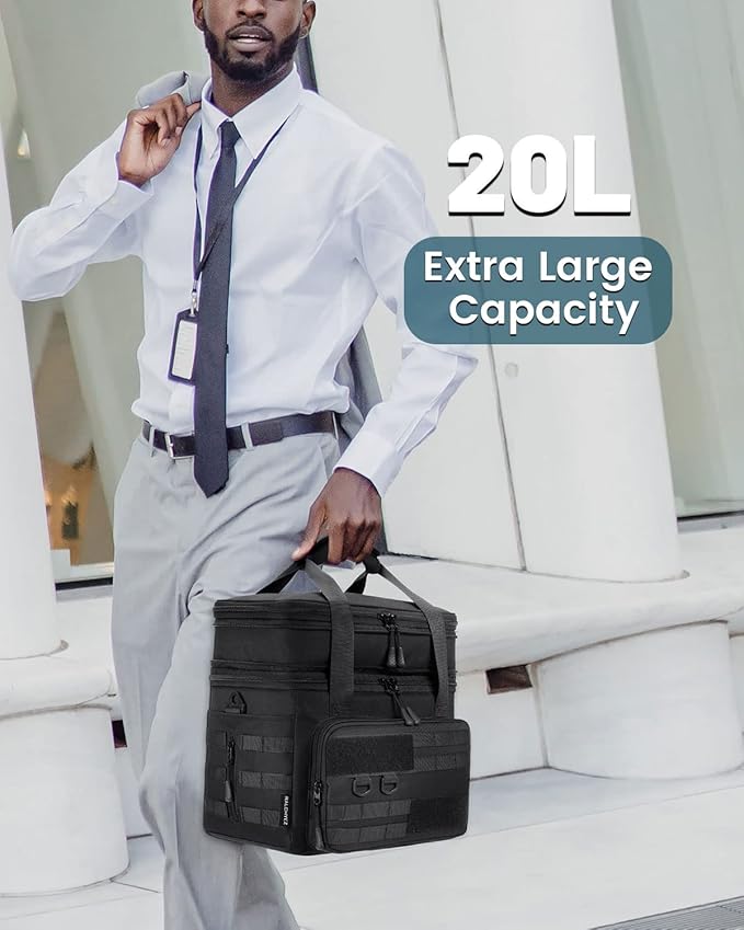 RalChyez Tactical Lunch Box, 20L Large Heavy Duty Double Deck Insulated Lunch Bag Leakproof Expandable Tote Cooler with Shoulder Strap for Adult Men Women Work Fishing Picnic Travel Black