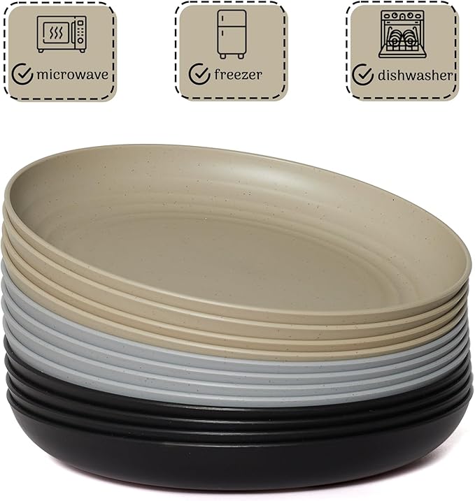 12PCS Unbreakable Dinner Plates, Dishwasher & Microwave Safe Plastic Plates Reusable, Lightweight Wheat Straw Plates for Kitchen (Simplicity, 9 In.)