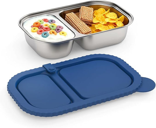 Stainless Steel Snack Containers, Capacity Upgrade 2 Compartment Snack Containers with Lids, Reusable Food Storage Containers with Lids for Travel, Outdoor, Camping (Blue)