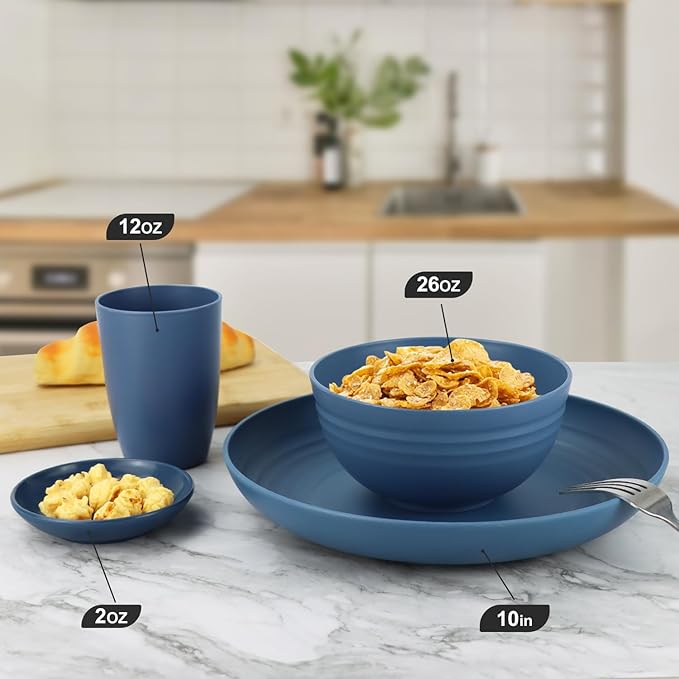 Wrova Wheat straw plates and bowls sets of 16 - Unbreakable wheat straw dinnerware sets for camping - Alternative plastic dinnerware set service for 4 - Microwave safe and Dishwasher safe bowls. Blue