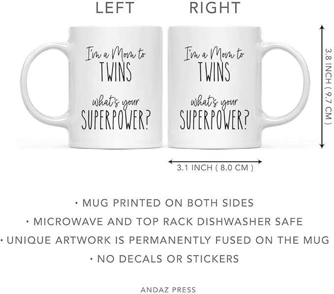 Andaz Press Mother's Day 11oz. Ceramic Coffee Tea Mug Gift For Mom, I'm A Mum To Twins, What's Your Superpower?, 1-Pack, Birthday Christmas Ideas Twin Mom Mug Cup