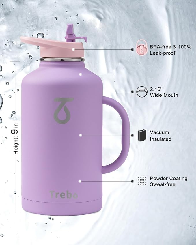 Trebo Water Bottle Insulated 64 oz with Handle,Half Gallon Double Wall Vacuum Stainless Steel Metal Large Jug with Handle, Wide Mouth Flask Mug with Carry Pouch, Keep Ice Cold 48hrs, Purple
