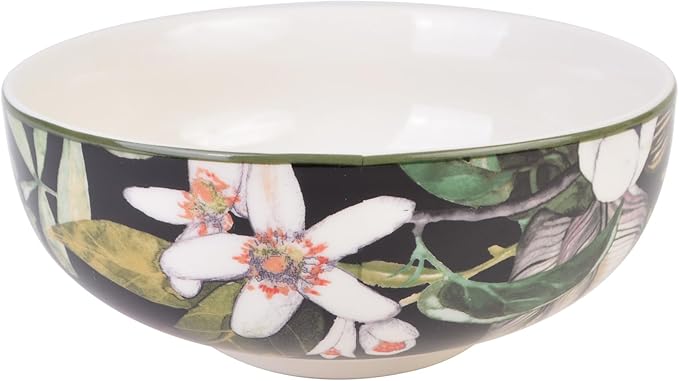 222 Fifth 12-Piece Porcelain Dinnerware Set for 4, Black & White Plates and Bowls Set with Tropical Floral Design, Glossy Ceramic Dish Set, Kitchen Tableware, Microwave & Dishwasher Safe, Borneo