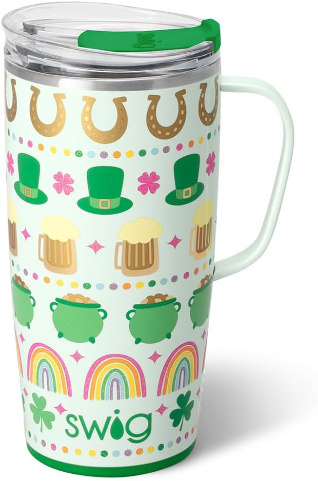 Swig Life 22oz Travel Mug, Insulated Tumbler with Handle and Lid, Cup Holder Friendly, Dishwasher Safe, Stainless Steel, Travel Coffee Cup, Insulated Mug with Lid (Lucky Charm)