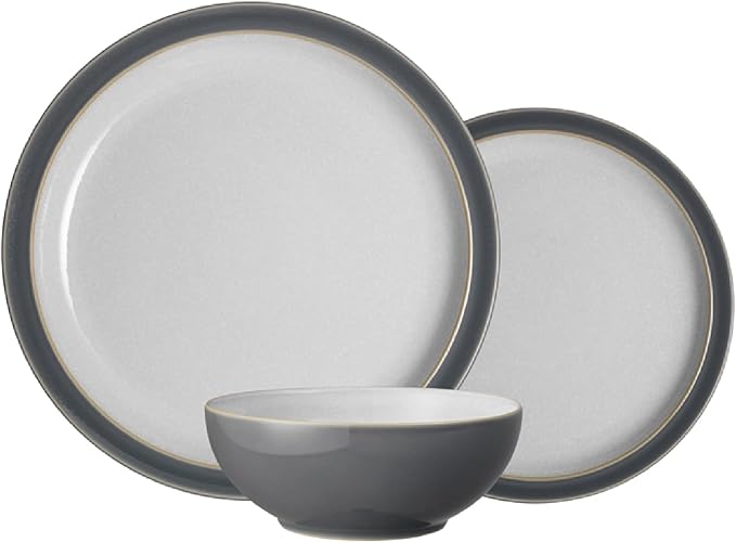 Denby - Elements Fossil Grey 3 Piece Set For 1 - One Person Ceramic Tableware - Dishwasher, Microwave Safe, Scratch Resistant Stoneware - Includes 1 x Large Plate, Side Plate & Cereal Bowl