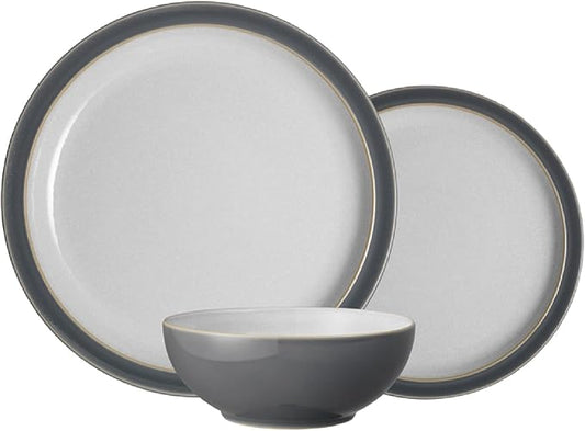 Denby - Elements Fossil Grey 3 Piece Set For 1 - One Person Ceramic Tableware - Dishwasher, Microwave Safe, Scratch Resistant Stoneware - Includes 1 x Large Plate, Side Plate & Cereal Bowl