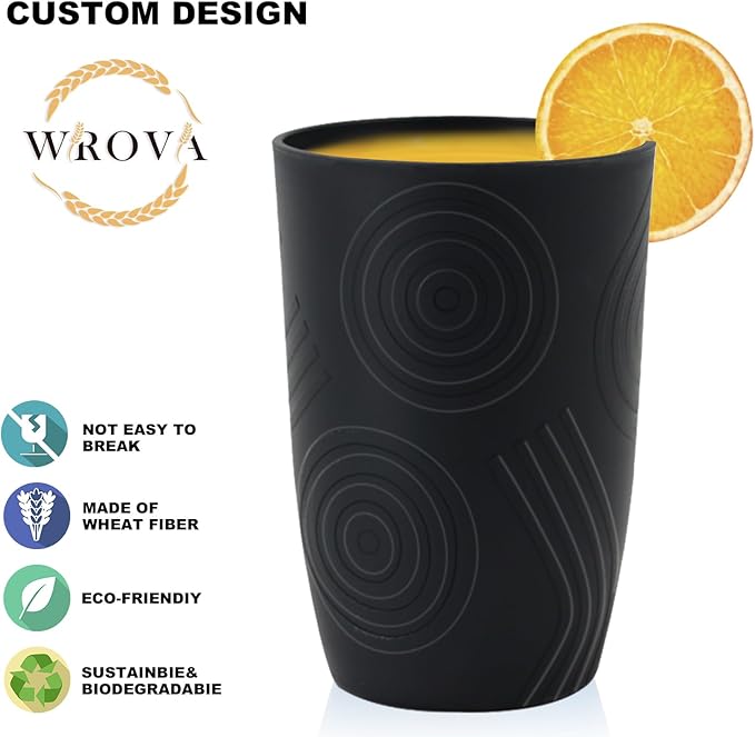 Wrova Wheat Straw Cups 16oz set of 8 with Etched Pattern - Alternative Plastic Cups Dishwasher Safe Tumbler - Plastic Drinking Cups Unbreakable for Kids - Pure Black