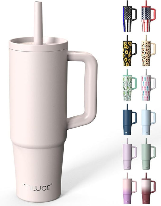 TILUCK 30 oz Tumbler with Handle, Vacuum Insulated Stainless Steel Travel Mug with 100% Leak-Proof Silicone Straw Lid, Cupholder Friendly Water Bottle(SakuraPink, 30oz)