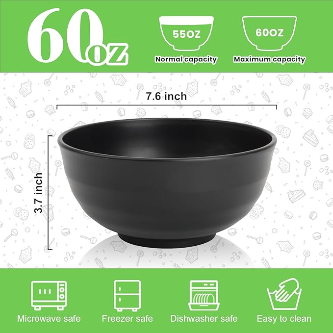 Wheat Straw Bowls Set of 6, Unbreakable Lightweight 60 OZ Salad Bowls for Kitchen and Camping, Big Plastic Bowl for Serving, Cereal, Ramen, Soup, Microwave & Dishwasher Safe, Black