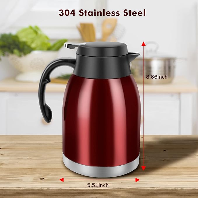 54oz Thermal Coffee Carafe, Stainless Steel Insulated Thermal, Double Wall Vacuum Flask, Small Coffee Carafe for Keeping Hot or Cold Drinks, Coffee, Tea (Bright Red)