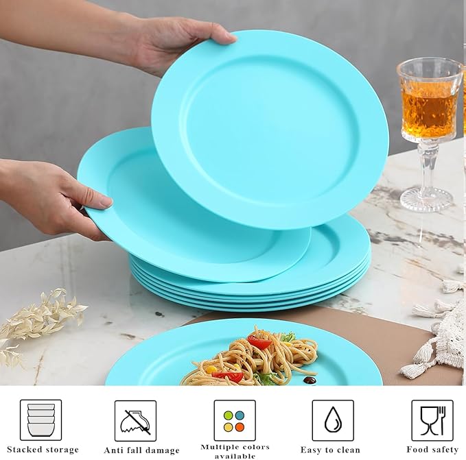 Berglander Plastic Plates Set of 8 Pieces 10", TF Blue Reusable and Flat Dinner Plates, Salad Plates, Pasta Bowls, Dishes Set Easy to Carry for Home, Garden, Picnic, Camping, Outdoor