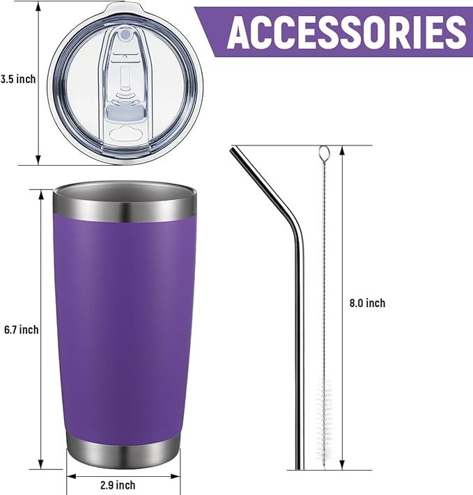 COMOOO 20oz Double Wall Vacuum Insulated Travel Mug, Stainless Steel Tumbler with Lid and Straw Durable Powder Coated Insulated Coffee Cup for Cold & Hot Drinks (Purple. 2 Pack