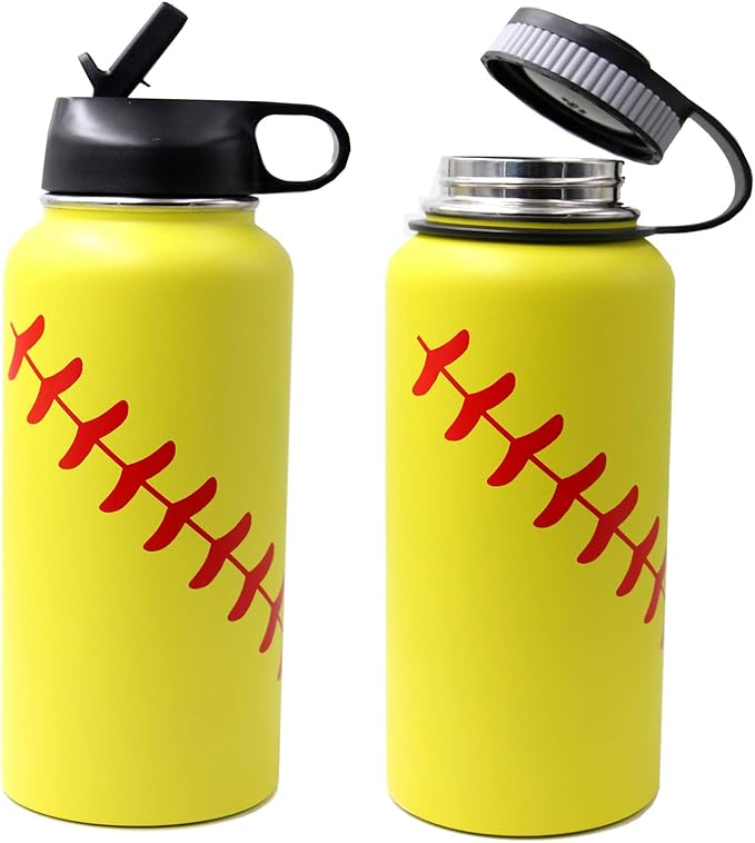 32 oz Softball Water Bottle, Wide Mouth Metal Thermo Travel Tumbler Sports Flask with 2 Lids, Stainless Steel Double Wall Vacuum Insulated Water Bottles, Softball Stuff Gifts for Mom Men Boys Girls
