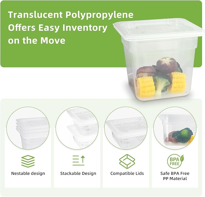 6-Pack Food Pan with Lids, 1/6 Size Food Storage Containers for homes, schools, restaurants, hotels Meal Prep, -40℉-160℉, Stackable, Freezer-Safe (1/6 size 4 inch deep, 1.53L/1.62QT)