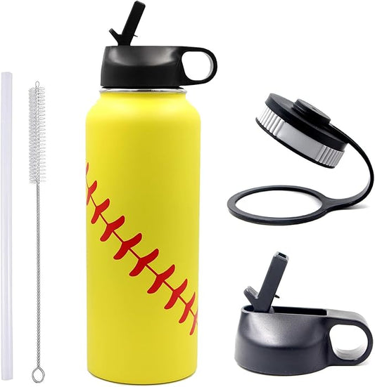 40 oz Softball Water Bottle, Wide Mouth Sports Flask Metal Thermo Travel Mug with 2 Lids, Stainless Steel Double Wall Vacuum Leak Proof Insulated Water Jug, Softball Stuff Gifts for Mom Men Boys Girls