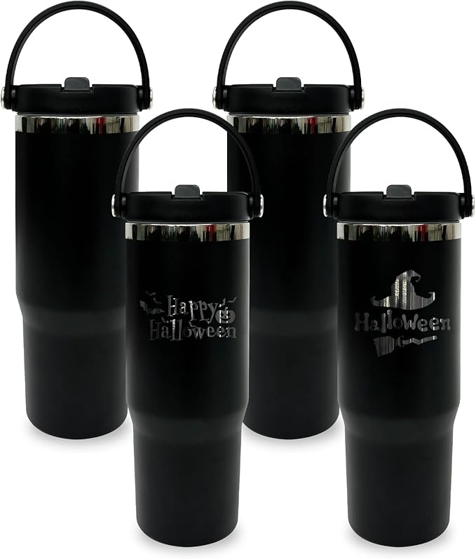 30 oz Tumbler with Handle, Double Wall Vacuum Insulated Tumblers with Flip Straw, Coffee Mug 30oz Powder Coated Cup for Hot and Cold Drinks(Black Plated, Black,4 pack)