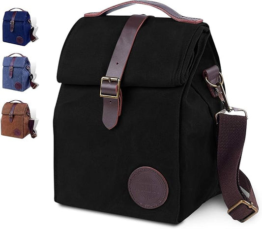 ASEBBO Insulated Lunch Bag for Women & Men - Reusable & Leak Proof Lunch Box Cooler Bag for Work, Beach, Travel for Adults with Shoulder Strap, Father's Day Gift - Waxed Canvas (Black) - Reusable Bag