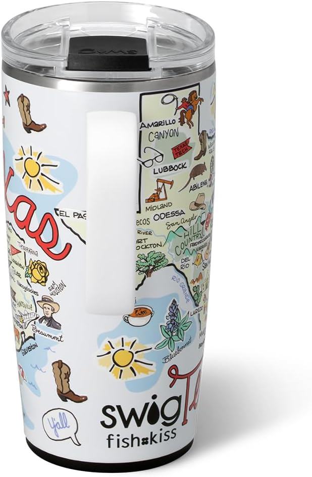 Swig Life 22oz Travel Mug, Insulated Tumbler with Handle and Lid, Travel Coffee Mug, Cup Holder Friendly, Stainless Steel 22 oz Tumbler, Reusable Insulated with Lid (Texas)