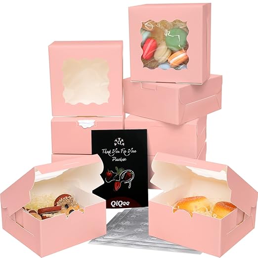 Bakepacker Pink Bakery Boxes with Window 6x6x3 inches Thick & Sturdy Macaroon Pastry Boxes Cookie Boxes for Bakerys（60-Packs）