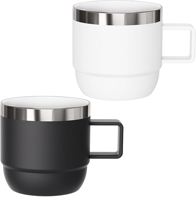 6 oz Espresso/Coffee Mug with Handle, Ceramic-Lined 18/8 Stainless Steel, Double-Wall Vacuum Insulated, Stackable, Dishwasher Safe, Fits Most Espresso Machines (Black & White, 2 Pack)