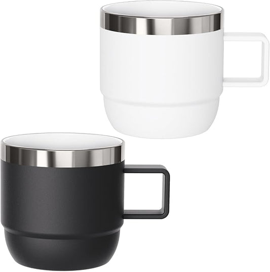 6 oz Espresso/Coffee Mug with Handle, Ceramic-Lined 18/8 Stainless Steel, Double-Wall Vacuum Insulated, Stackable, Dishwasher Safe, Fits Most Espresso Machines (Black & White, 2 Pack)