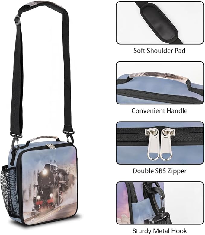 Train Lunch Box for Kids, Vintage Steam Train Lunch Bag for Boys Girls, Reusable Insulated Waterproof Lunch Box with Adjustable Shoulder Strap Thermal Cooler Tote Bag for School Daycare Picnic
