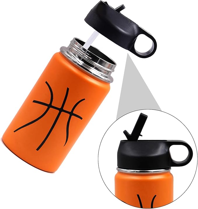 12 oz Basketball Water Bottle, Metal Thermo Travel Tumbler Sports Flask with 2 Lids, Stainless Steel Double Wall Vacuum Leak Proof Insulated Water Bottles, Basketball Accessories Gifts for Boys Girls