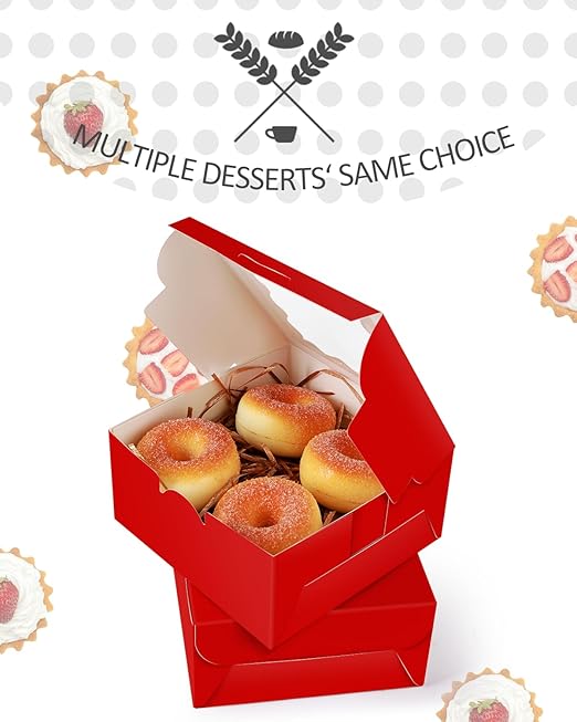 qiqee Bakery Box with Window 36packs 6x6x3 Red Cookie Boxes Pastry Box for Wedding Favor Party ＆ Birthday