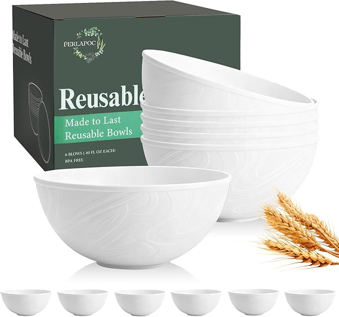 Wheat Straw Cereal Bowls 40 OZ, Unbreakable Bowls Set of 6, Microwave & Dishwasher Safe Bowl for Kitchen, Reusable Plastic Bowl for Cereal, Soup, Salad and Ramen, White