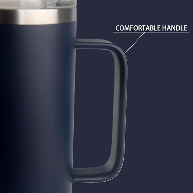 24 oz stainless steel glass with handle double-wall insulation, easy to hold and clean, suitable for coffee, beverages, cola, protein powder, beer Navy