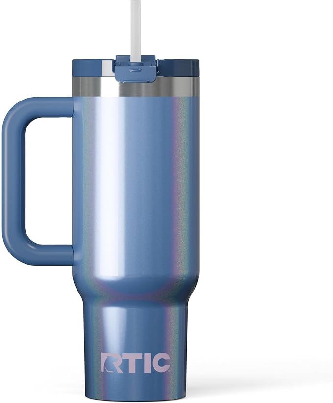 RTIC 30 oz Road Trip Tumbler Double-Walled Ceramic Lined InsulatedStainless Steel Portable Travel Coffee Mug Cup with Lid, Handle and Straw, Pond Glitter