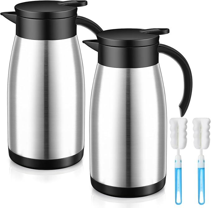Uiifan 2 Pcs Thermal Coffee Carafe Insulated Stainless Steel Coffee Carafes for Keeping Hot and Cold Double Walled Vacuum Thermal Pot Flask with Brush for Water Milk Tea Home and Office(Silver,34oz)