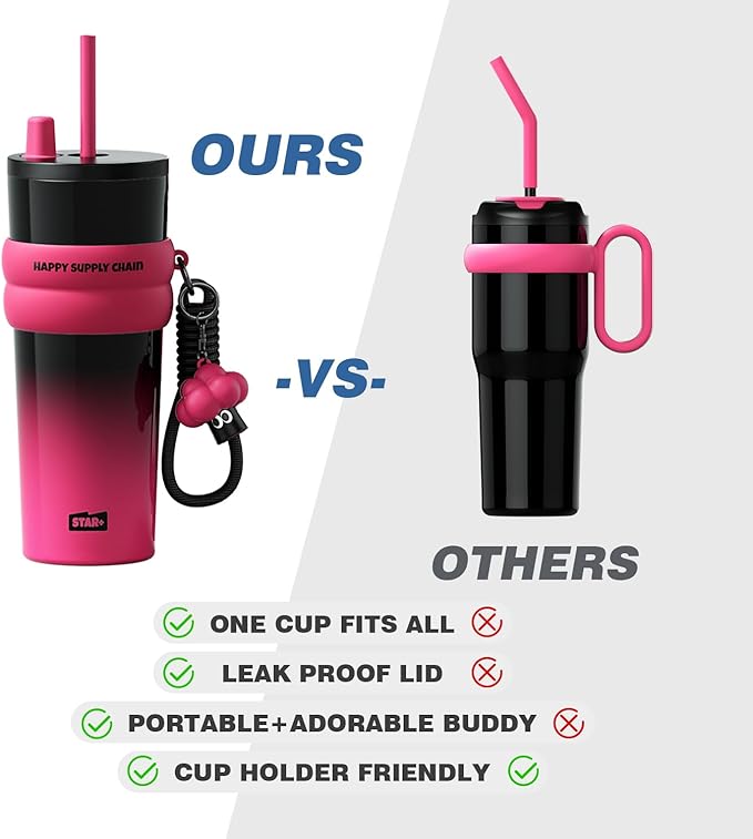 24 oz Stainless Steel Tumbler with Lid and Straw, Insulated Water Bottle Leak Proof for Hot and Cold, Portable Travel Coffee Mug, Reusable Coffee Cup for Women, Black&Pink