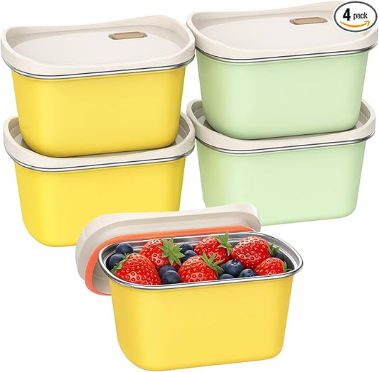 4 Pack Stainless Steel Snack Containers with Lids Reusable,for Kids Toddler Adults,12 oz Small Snack Box Containers for Overnight Oats Fruits Cookie Ice Cream,Air Tight