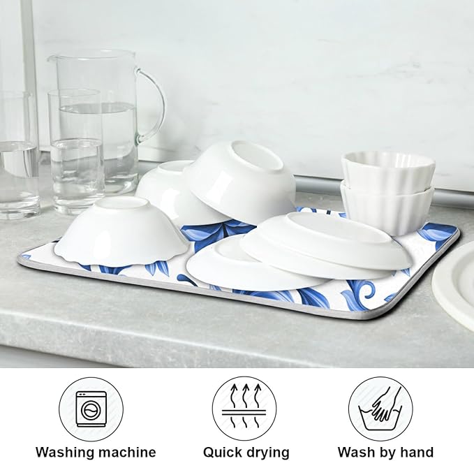 Tarity Blue Flowers White Dish Drying Mat for Kitchen Counter Absorbent Heat Resistant Microfiber Dishes Drainer Mat 18x24 in Large Dish Pad Sink Mat Protective Pad Kitchen Decor